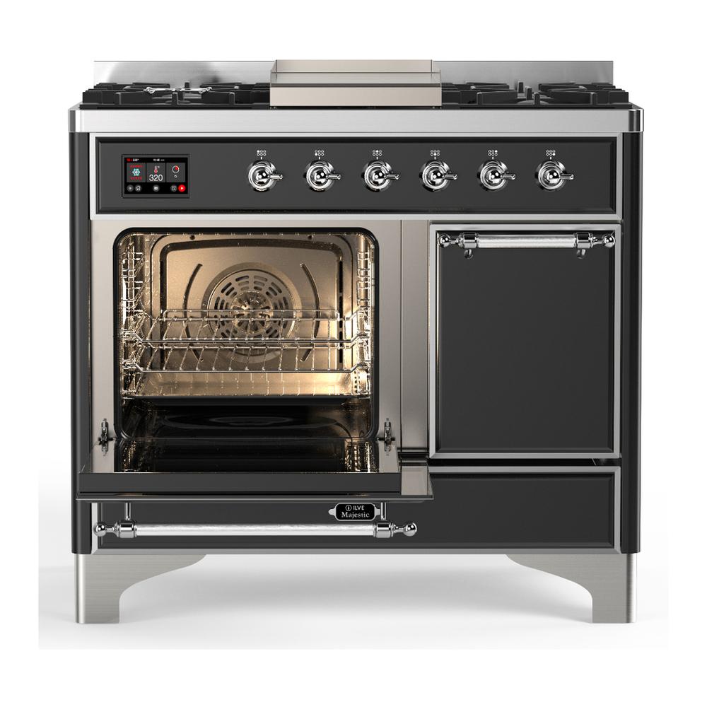 ILVE UMD40FQNR3MGCLP Majestic III 40 inch Dual Fuel Range with 6 Burners and Griddle, Dual Function Burner up to 25,000 BTU (Liquid Propane, Solid Door, Graphite Matte, Chrome)
