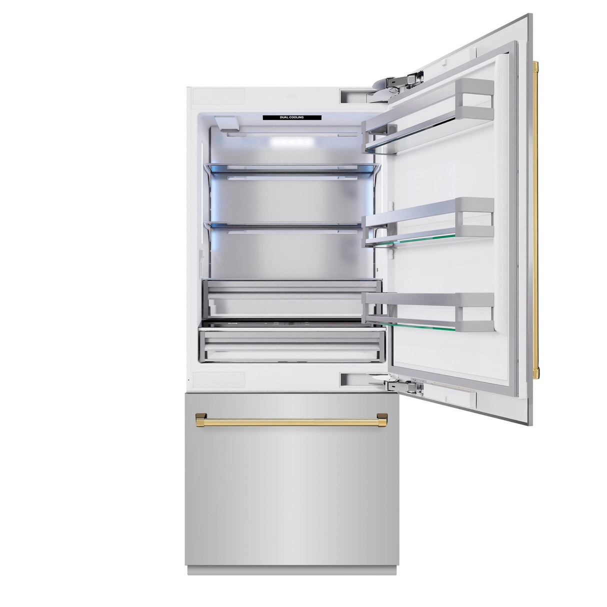 ZLINE Autograph Edition 36 in. 19.8 cu. ft. Built-In Bottom Freezer Refrigerator with Water Dispenser and Ice Maker in Stainless Steel with Polished Gold Accents (RBITZ-304-36G)