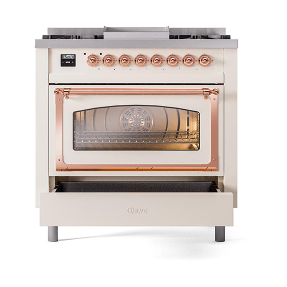 ILVE UN36FNMPAWPLP Nostalgie II Noblesse 36 inch Dual Fuel Range (Liquid Propane, Triple Glass Door, Antique White, Copper)