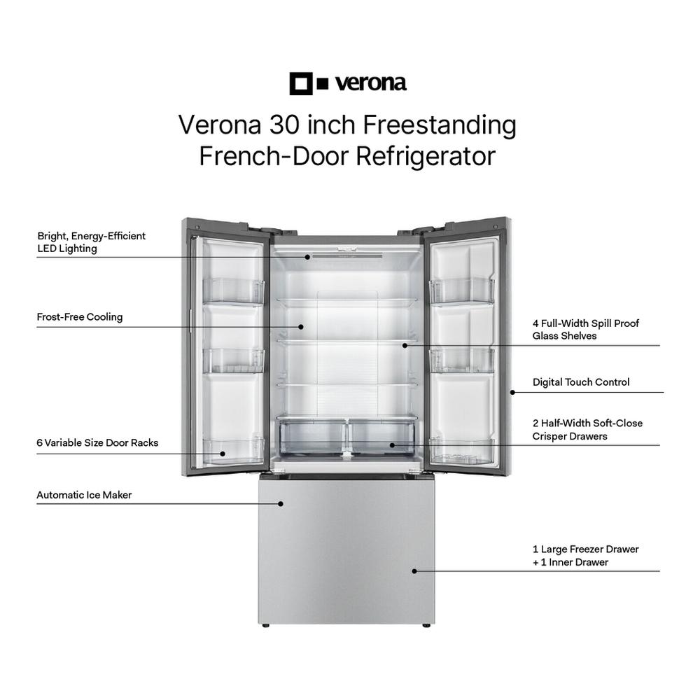 Verona VEFFD3018RISL 30 inch Freestanding French Door Refrigerator with 18.2 cu. ft. Capacity, Automatic Ice Maker, Recessed Handle