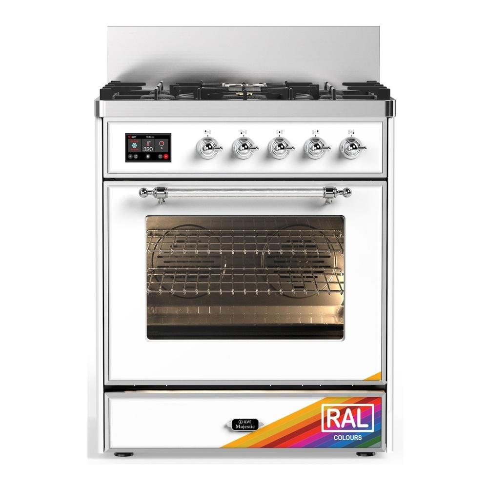 ILVE UM30NR3RACLP Majestic III 30 inch Dual Fuel Range with 5 Black Brass Burners, Dual Function Burner up to 25,000 BTU (Liquid Propane, Triple Glass Door, RAL, Chrome)