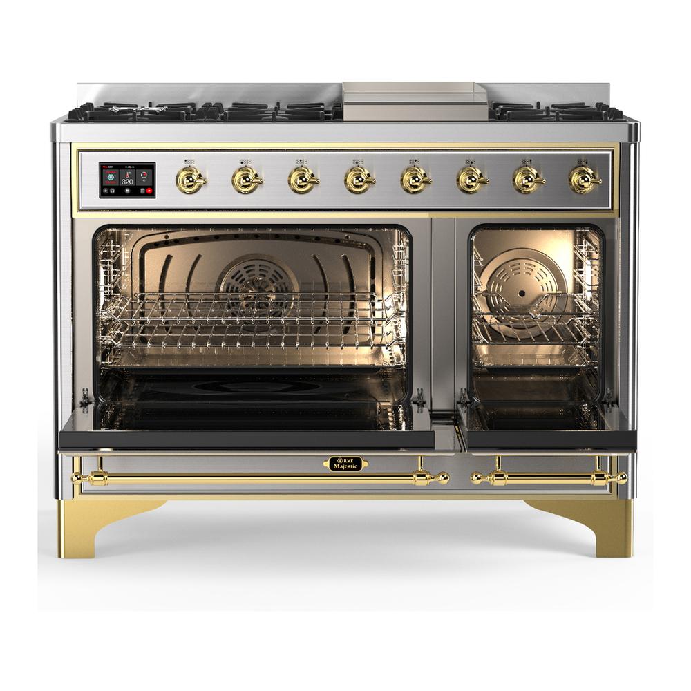 ILVE UM48FNR3SSGLP Majestic III 48 inch Dual Fuel Range with 8 Burners and Griddle, Dual Function Burner up to 25,000 BTU (Liquid Propane, Triple Glass Door, Stainless Steel, Brass)