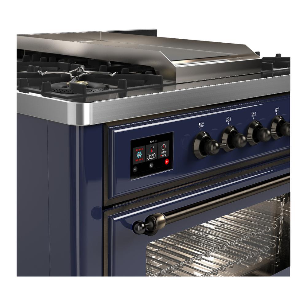 ILVE UM36FNR3MBB Majestic III 36 inch Dual Fuel Range with 6 Black Brass Burners and Griddle, Dual Function Burner up to 25,000 BTU (Triple Glass Door, Midnight Blue, Burnished, Natural Gas)