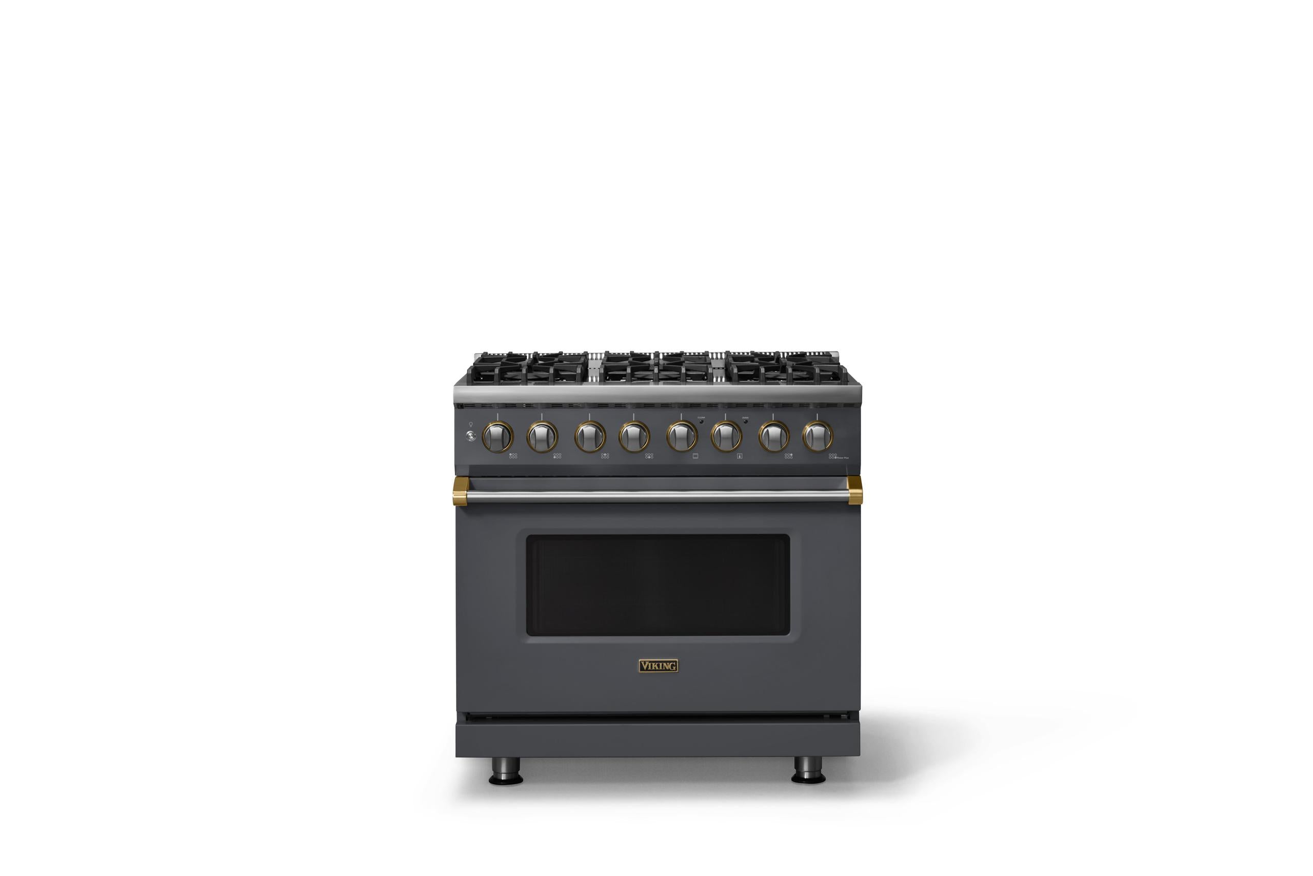 36"W. Dual Fuel Range (Burner: 6b, Finish: Cast Black, Trim: Brushed Brass, Fuel: Natural Gas)