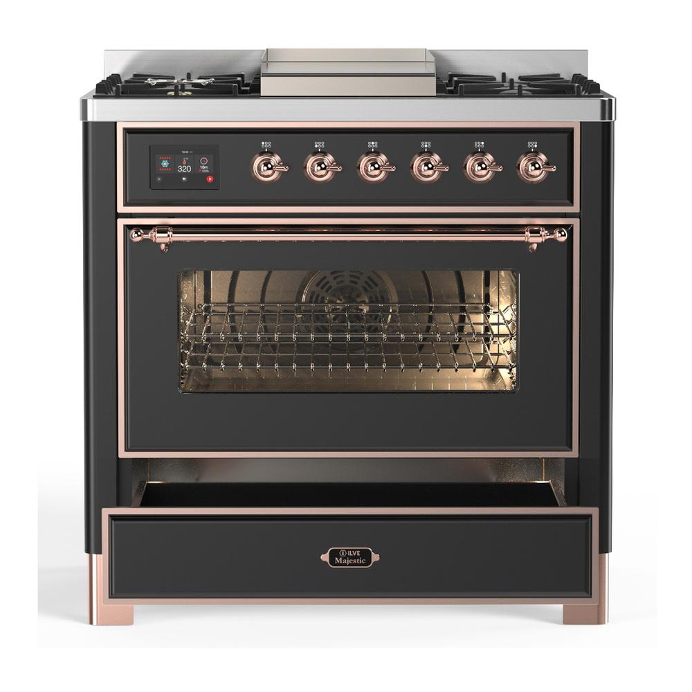 ILVE UM36FNR3MGP Majestic III 36 inch Dual Fuel Range with 6 Black Brass Burners and Griddle, Dual Function Burner up to 25,000 BTU (Triple Glass Door, Graphite Matte, Copper, Natural Gas)