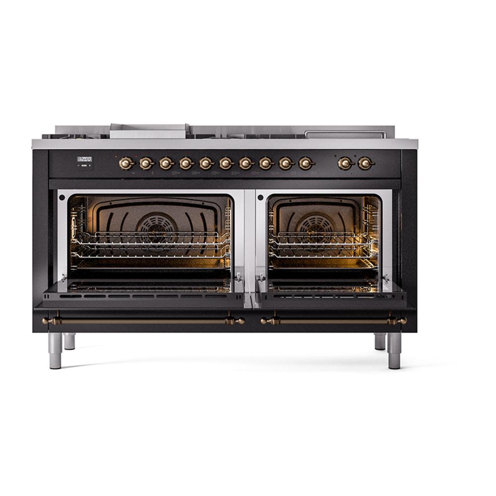 ILVE UN60FSQNMPBKBLP Nostalgie II Noblesse 60 inch Dual Fuel Range (7 Sealed Burners + Griddle + French Top, Liquid Propane, Solid Door, Glossy Black, Burnished)
