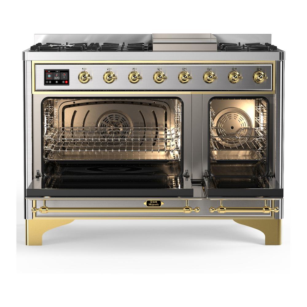 ILVE UM48FQNR3SSGLP Majestic III 48 inch Dual Fuel Range with 8 Burners and Griddle, Dual Function Burner up to 25,000 BTU (Liquid Propane, Solid Door, Stainless Steel, Brass)