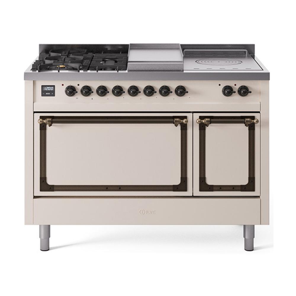 ILVE UN48FSQNMPAWBLP Nostalgie II Noblesse 48 inch Dual Fuel Range (5 Sealed Burners + Griddle + French Top, Liquid Propane, Solid Door, Antique White, Burnished)
