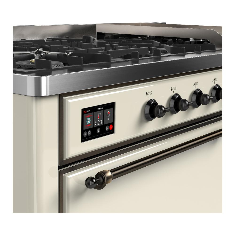 ILVE UM60FQNR3AWB Majestic III 60 inch Dual Fuel Range with 9 Burners and Griddle, Dual Function Burner up to 25,000 BTU (Natural Gas, Solid Door, Antique White, Burnished)