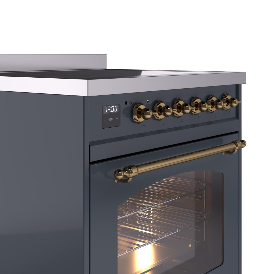 Nostalgie II 30 Inch Electric Freestanding Range in Blue Grey with Brass Trim