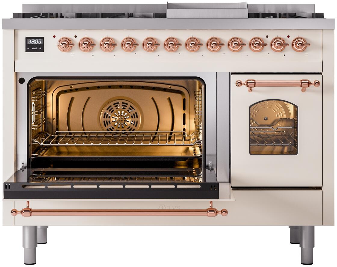 Nostalgie II 48 Inch Dual Fuel Liquid Propane Freestanding Range in Antique White with Copper Trim