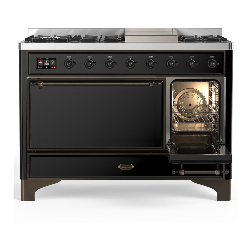 ILVE UM48FQNR3BKBLP Majestic III 48 inch Dual Fuel Range with 8 Burners and Griddle, Dual Function Burner up to 25,000 BTU (Liquid Propane, Solid Door, Glossy Black, Burnished)