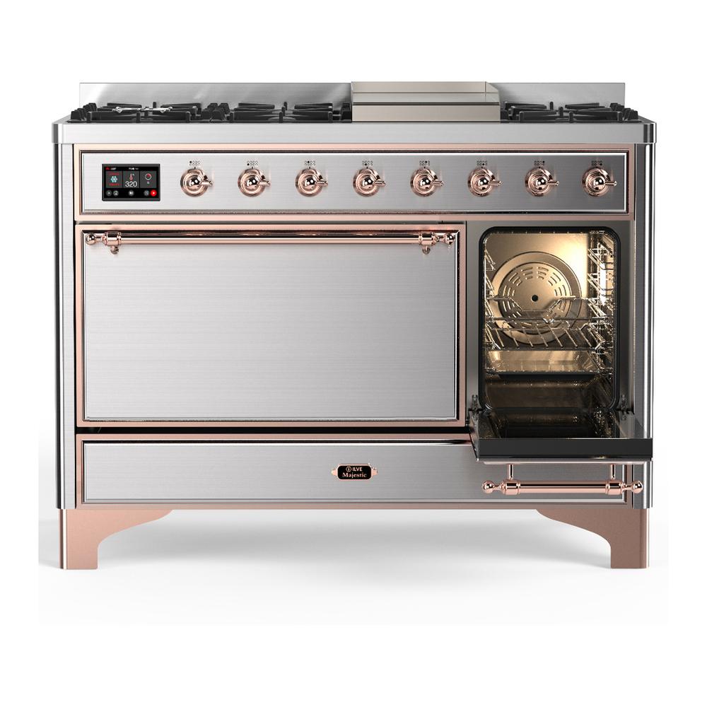ILVE UM48FQNR3SSP Majestic III 48 inch Dual Fuel Range with 8 Burners and Griddle, Dual Function Burner up to 25,000 BTU (Natural Gas, Solid Door, Stainless Steel, Copper)