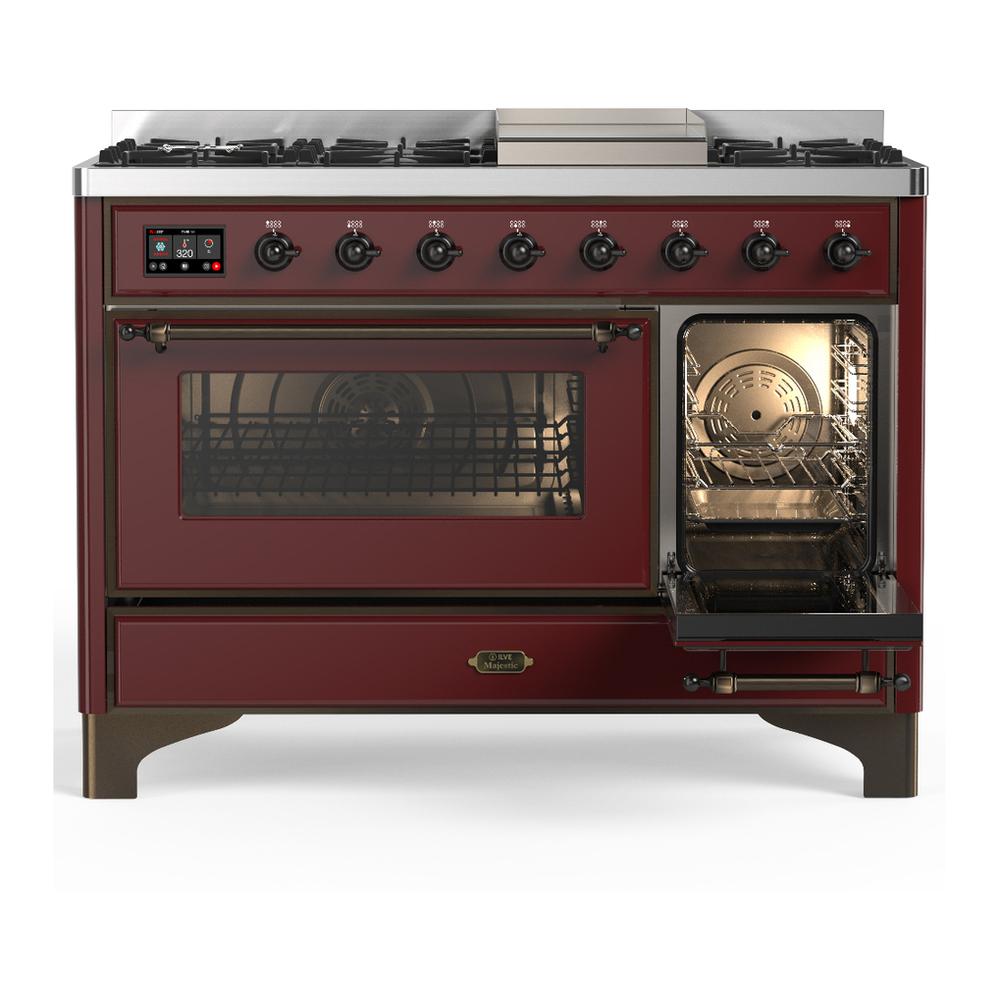 ILVE UM48FNR3BUB Majestic III 48 inch Dual Fuel Range with 8 Burners and Griddle, Dual Function Burner up to 25,000 BTU (Natural Gas, Triple Glass Door, Burgundy, Burnished)