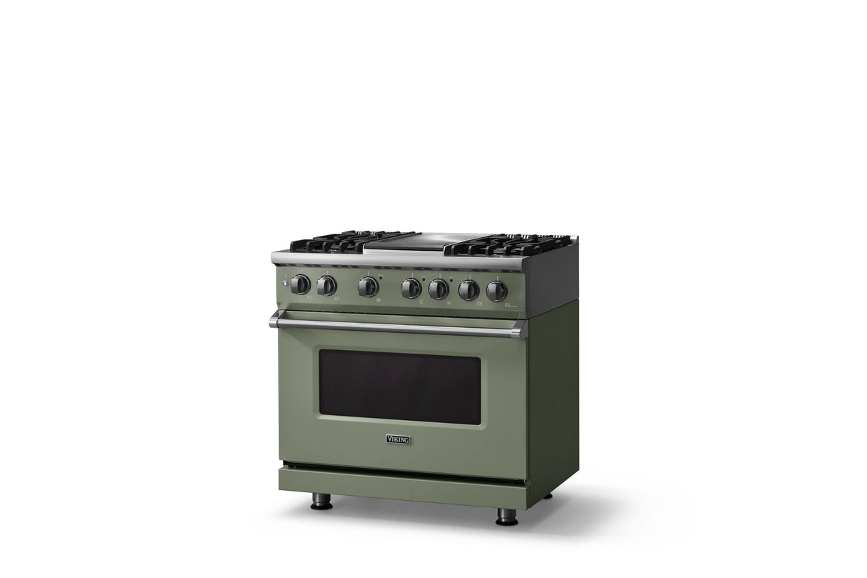 36"W. Dual Fuel Range (Burner: 4g, Finish: Eucalyptus, Trim: Polished Chrome, Fuel: Natural Gas)