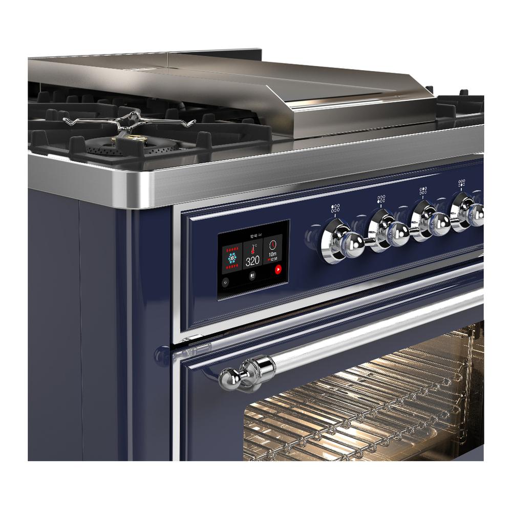 ILVE UM36FNR3MBCLP Majestic III 36 inch Dual Fuel Range with 6 Black Brass Burners and Griddle, Dual Function Burner up to 25,000 BTU (Triple Glass Door, Midnight Blue, Chrome, Liquid Propane)