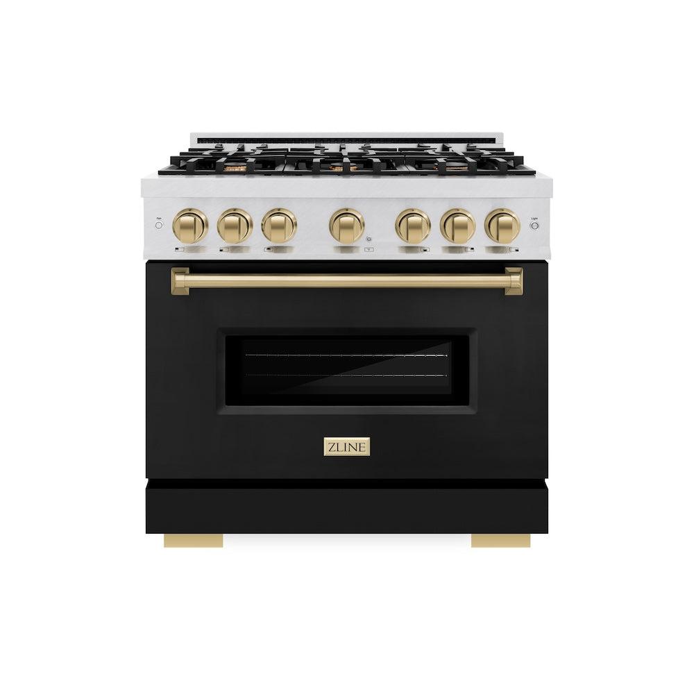 ZLINE Autograph Edition 36 in. 5.2 cu. ft. Classic Dual Fuel Range with 6 Burner Gas Cooktop and Electric Convection Oven in DuraSnow' Stainless Steel with Black Matte Door and Champagne Bronze Accents (CDRSZ-BLM-36-CB)
