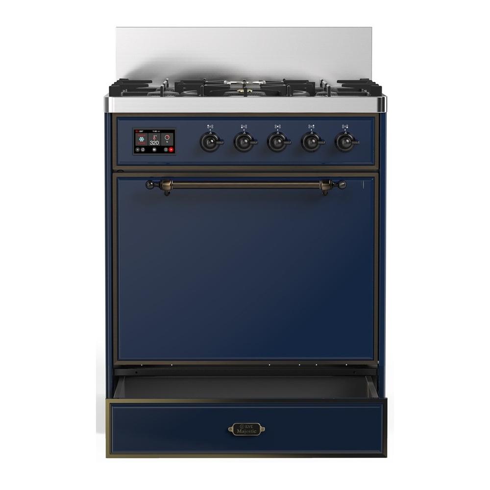 ILVE UM30QNR3MBB Majestic III 30 inch Dual Fuel Range with 5 Black Brass Burners, Dual Function Burner up to 25,000 BTU (Natural Gas, Solid Door, Midnight Blue, Burnished)