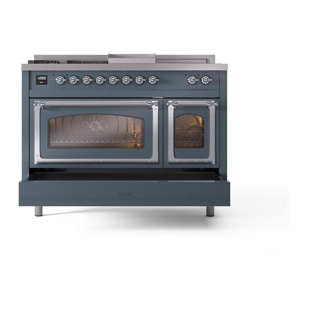 ILVE UN48FSNMPBGC Nostalgie II Noblesse 48 inch Dual Fuel Range (5 Sealed Burners + Griddle + French Top, Natural Gas, Triple Glass Door, Blue Grey, Chrome)