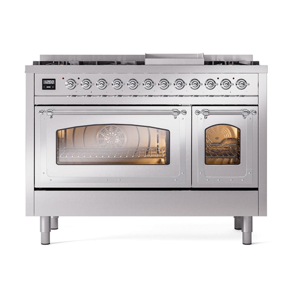 ILVE UN48FNMPSSCLP Nostalgie II Noblesse 48 inch Dual Fuel Range (8 Sealed Burners + Griddle, Liquid Propane, Triple Glass Door, Stainless Steel, Chrome)