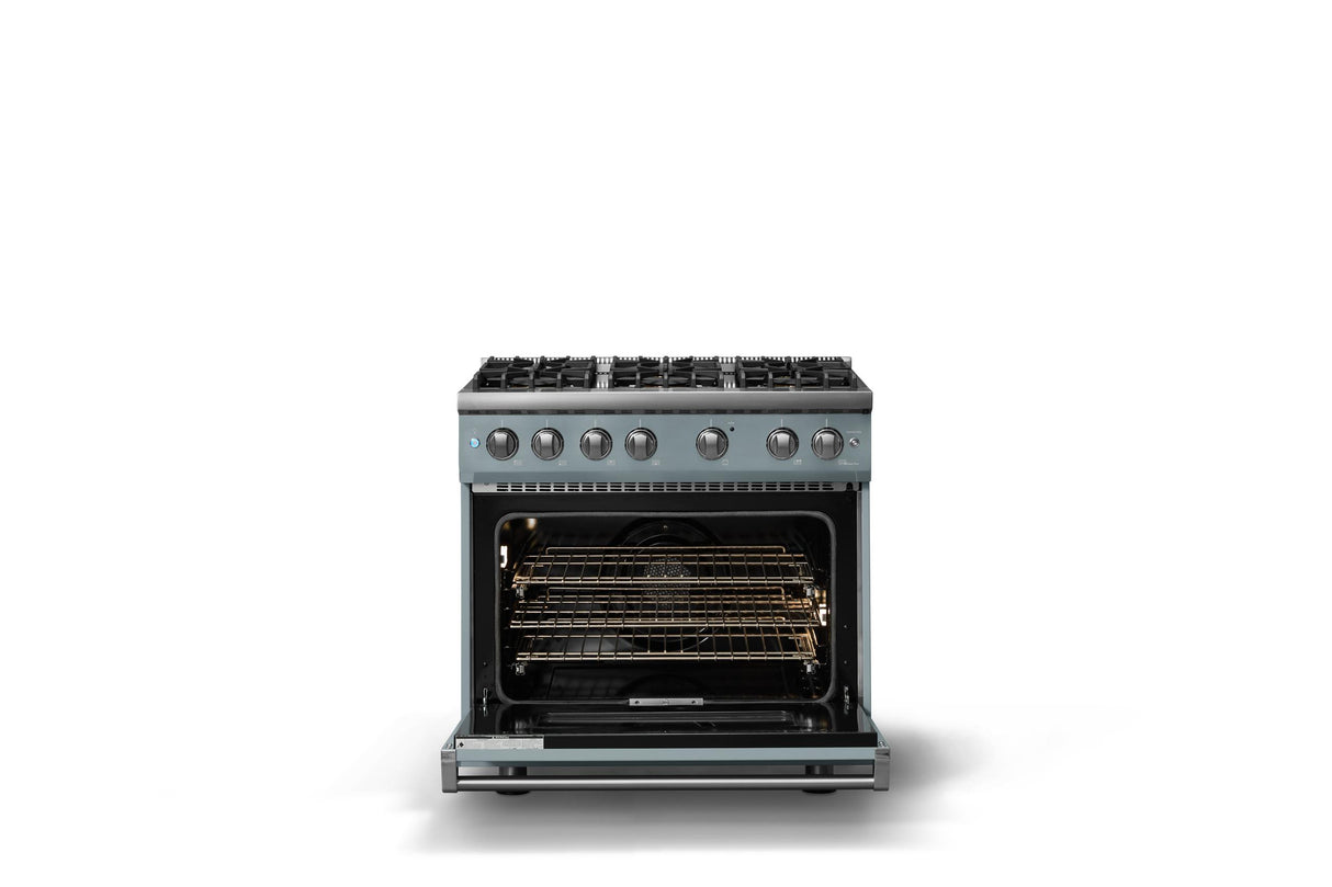 36"W. Sealed Burner Gas Range (Burner: 6b, Finish: November Sky, Trim: Polished Chrome, Fuel: Natural Gas)