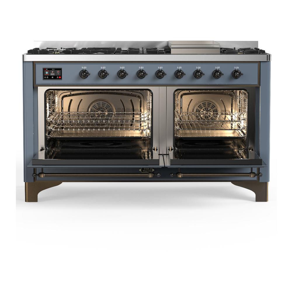 ILVE UM60FNR3BGBLP Majestic III 60 inch Dual Fuel Range with 9 Burners and Griddle, Dual Function Burner up to 25,000 BTU (Liquid Propane, Triple Glass Door, Blue Grey, Burnished)