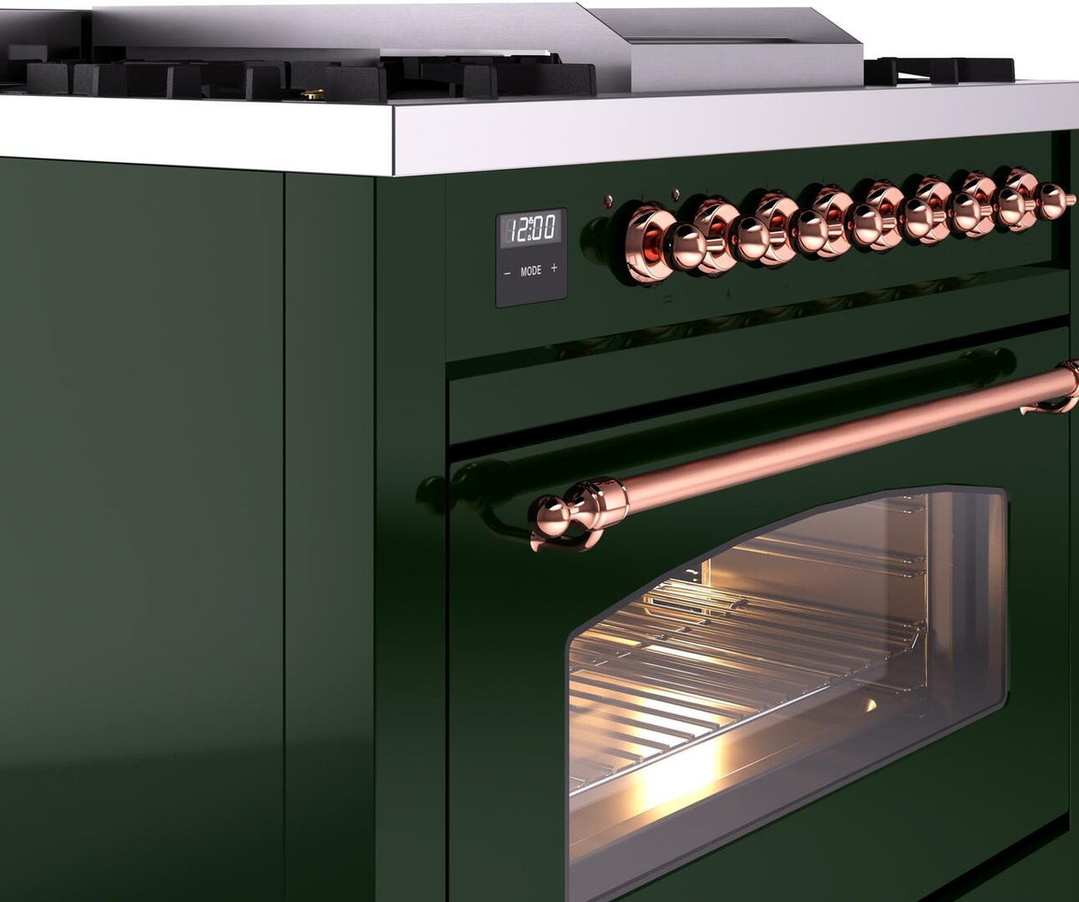 Nostalgie II 36 Inch Dual Fuel Liquid Propane Freestanding Range in Emerald Green with Copper Trim