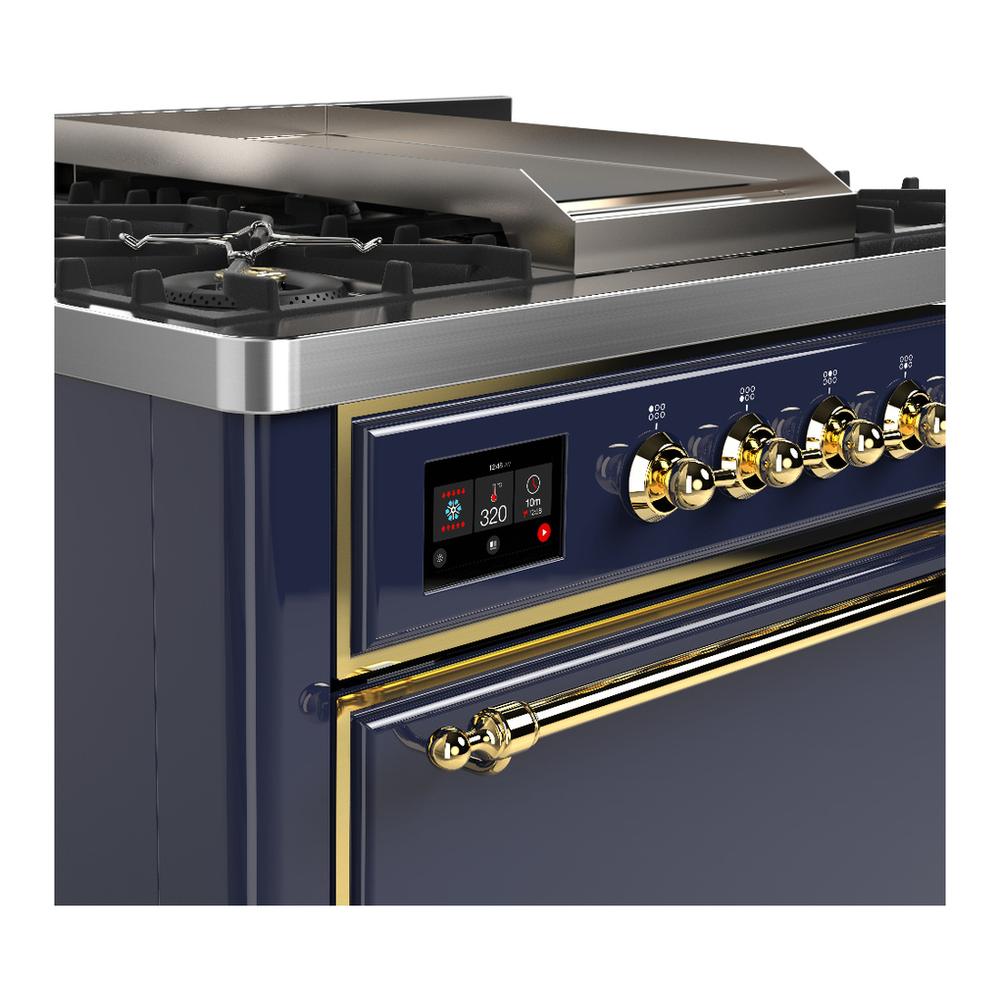 ILVE UM36FQNR3MBG Majestic III 36 inch Dual Fuel Range with 6 Black Brass Burners and Griddle, Dual Function Burner up to 25,000 BTU (Solid Door, Midnight Blue, Brass, Natural Gas)