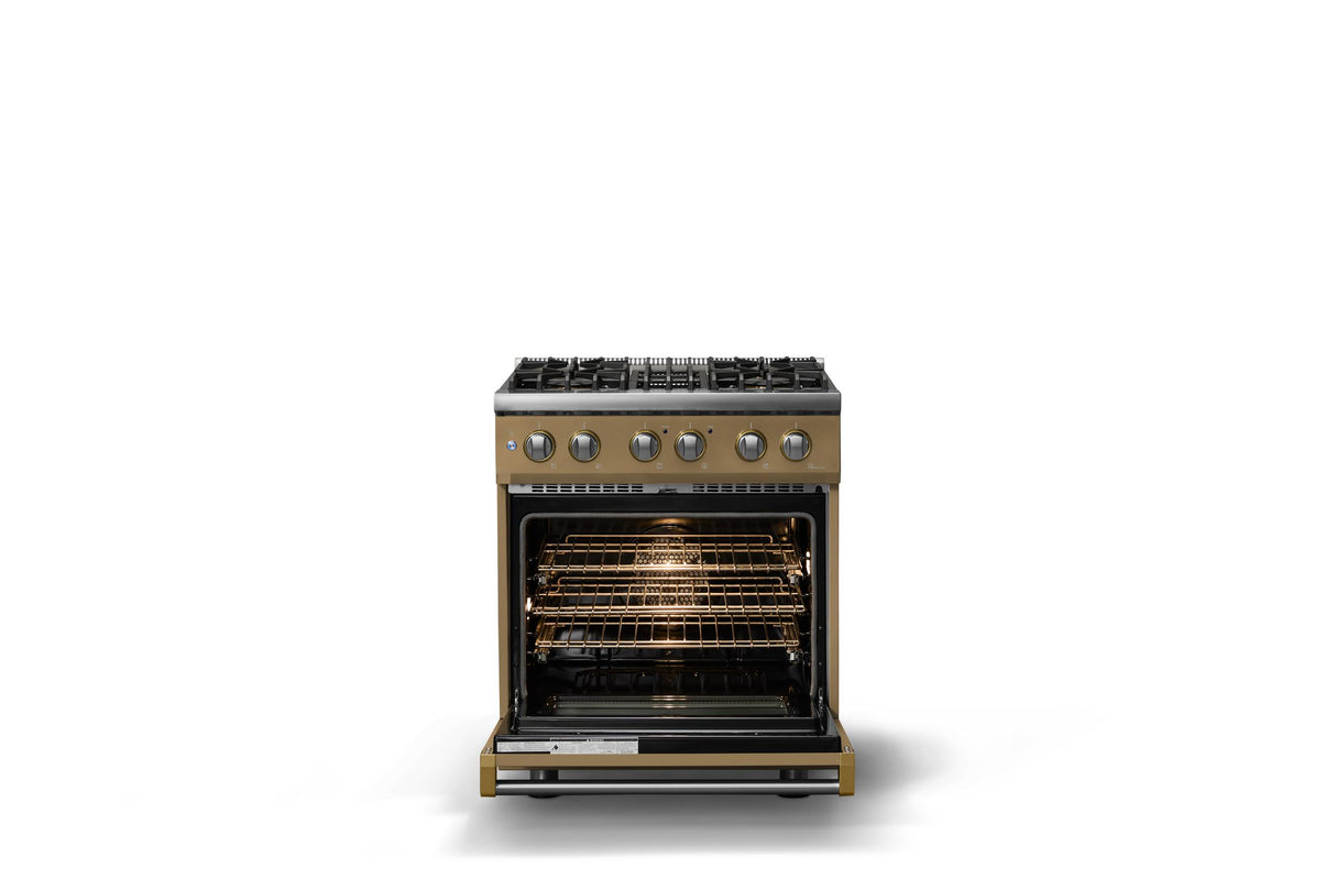 30"W. Dual Fuel Range (Finish: Golden Hour, Trim: Brushed Brass, Fuel: Propane)