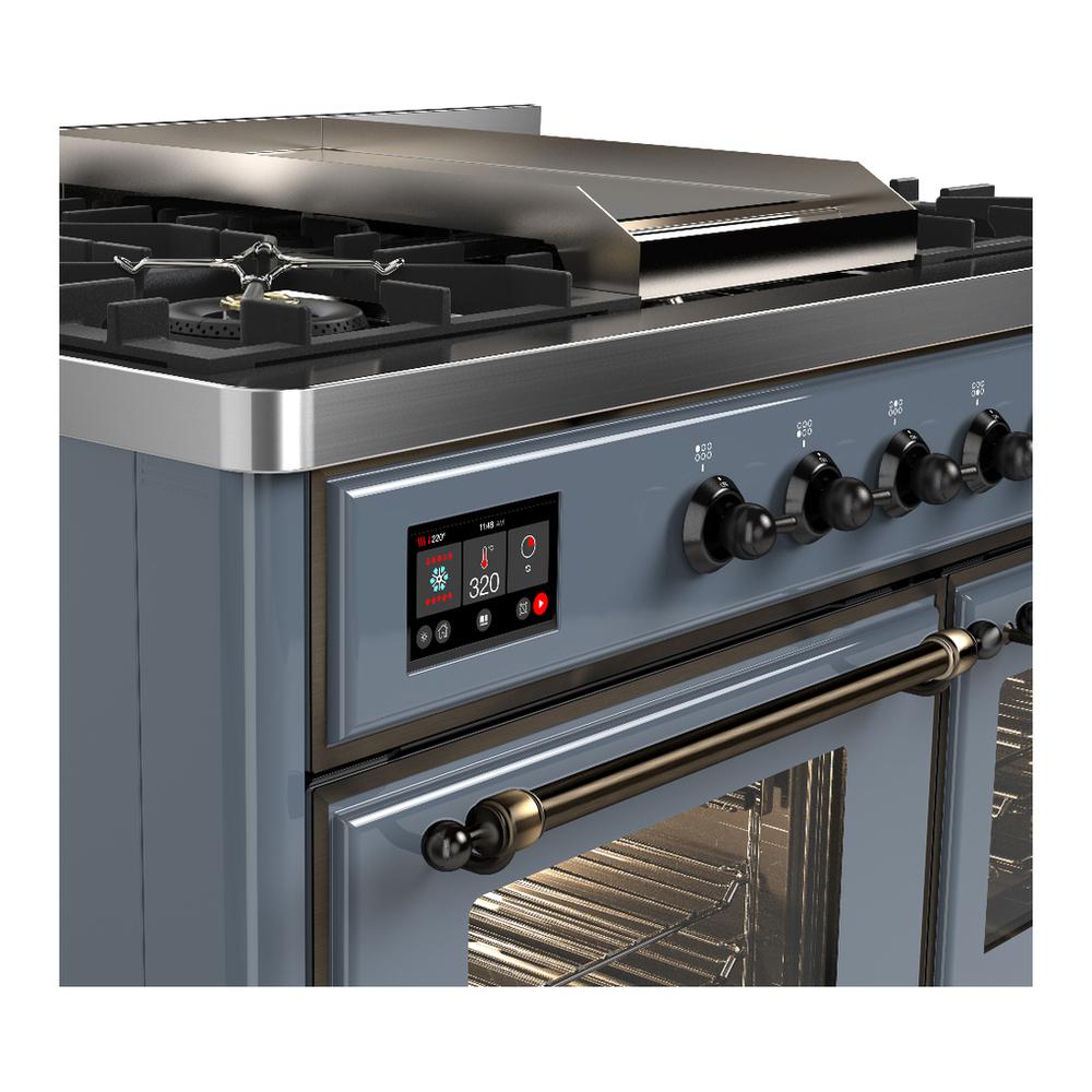 ILVE UMD40FNR3BGBLP Majestic III 40 inch Dual Fuel Range with 6 Burners and Griddle, Dual Function Burner up to 25,000 BTU (Liquid Propane, Triple Glass Door, Blue Grey, Burnished)