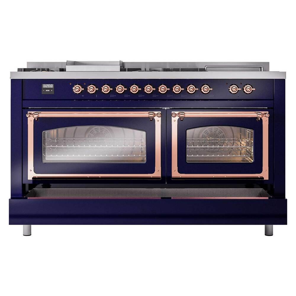 ILVE UN60FSNMPMBP Nostalgie II Noblesse 60 inch Dual Fuel Range (7 Sealed Burners + Griddle + French Top, Natural Gas, Triple Glass Door, Midnight Blue, Copper)