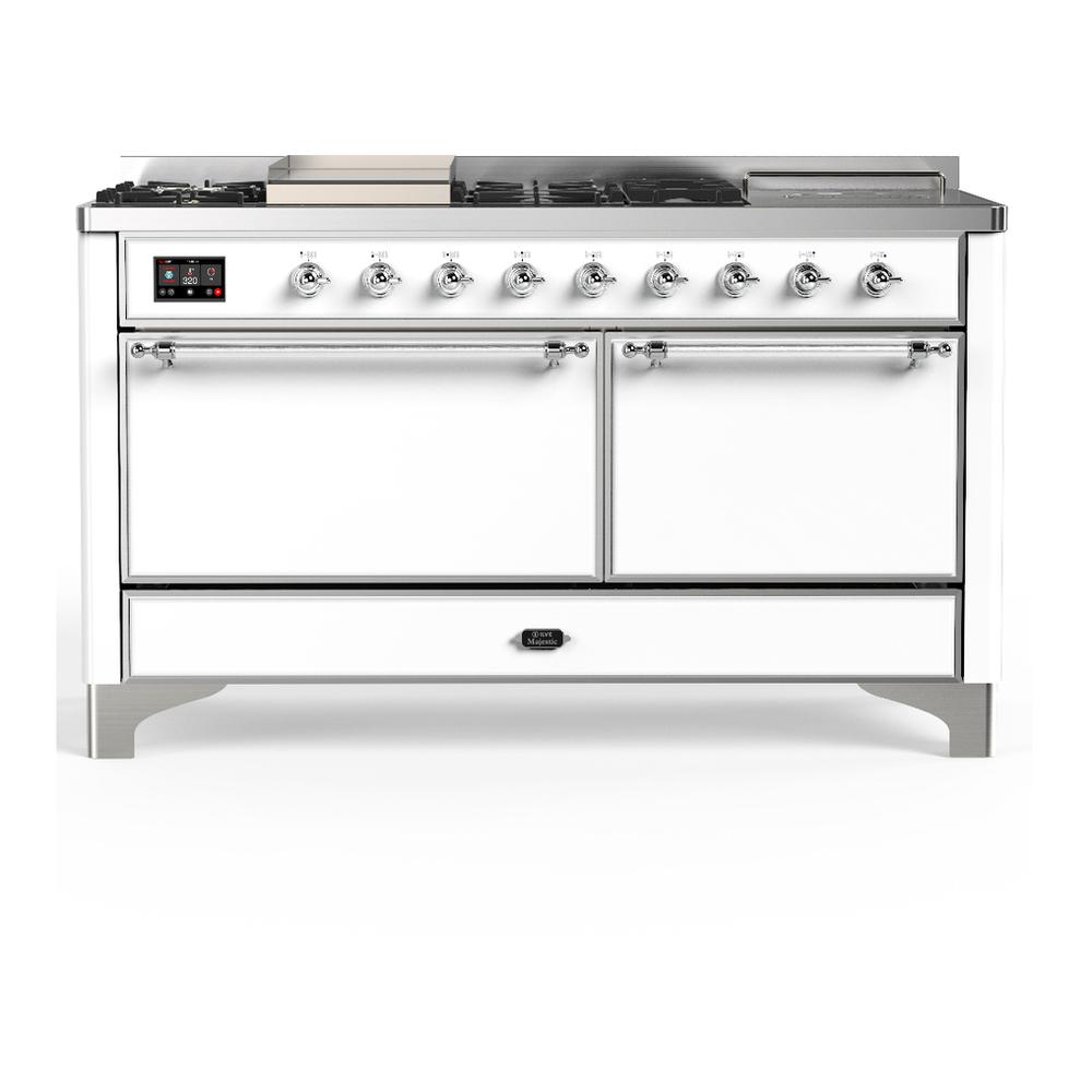ILVE UM60FSQNR3WHC Majestic III 60 inch Dual Fuel Range with 7 Burners, Griddle and French Top, Dual Function Burner with up to 25,000 BTU (Natural Gas, Solid Door, White, Chrome)