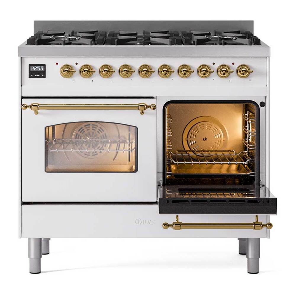 ILVE UPD406NMPWHGLP Nostalgie II 40 inch Dual Fuel Range with 6 Total Black Brass Burners, Brass Trim (Limited Edition) (Liquid Propane, White)