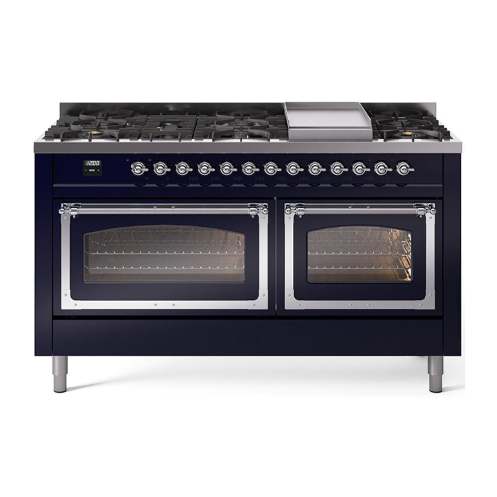 ILVE UN60FNMPMBCLP Nostalgie II Noblesse 60 inch Dual Fuel Range (9 Sealed Burners + Griddle, Liquid Propane, Triple Glass Door, Midnight Blue, Chrome)
