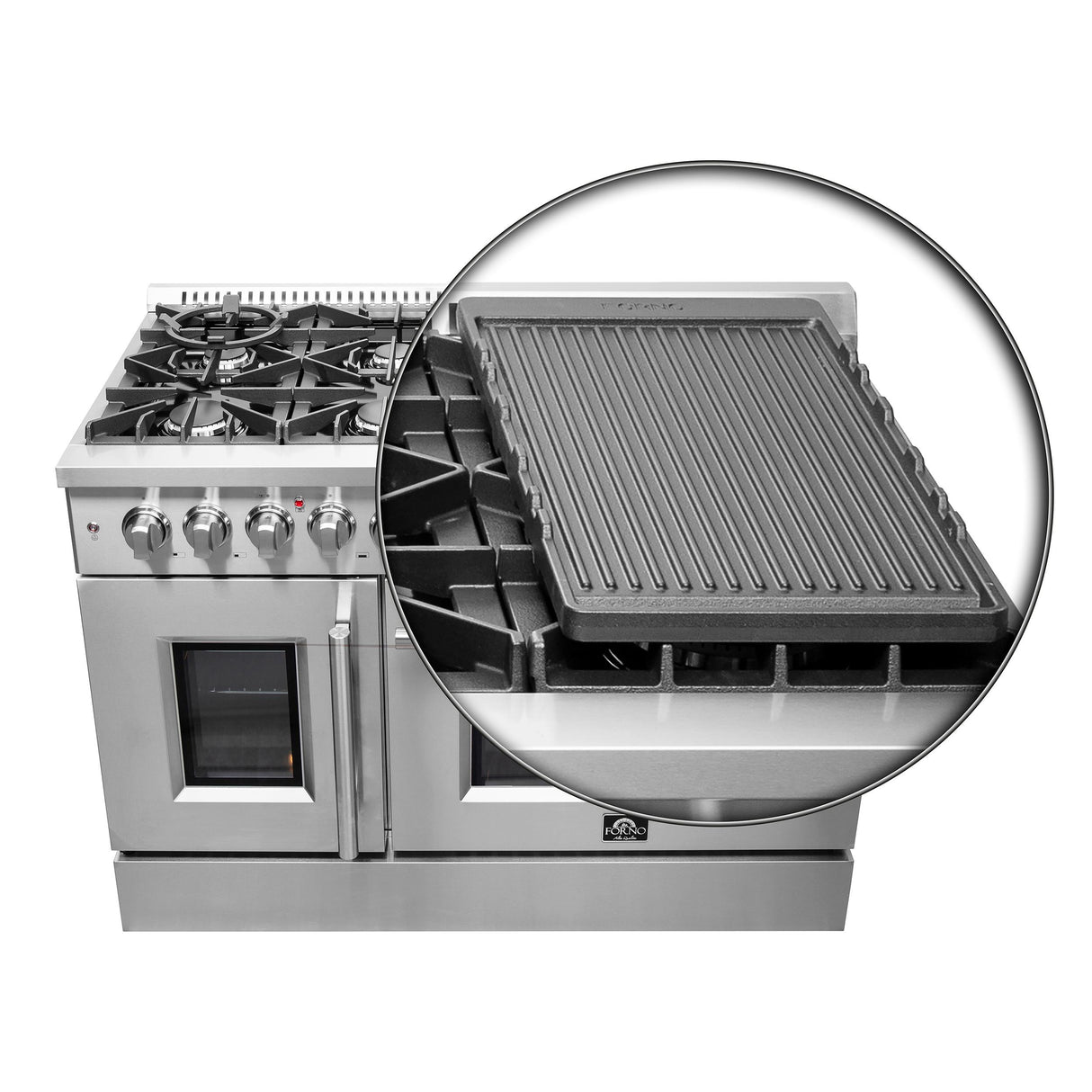 FORNO Galiano 48-Inch French Door Dual Fuel Range All Stainless Steel, 8 Sealed Burners, 107,000 BTU, Griddle, 6.58 cu.ft. Double Ovens