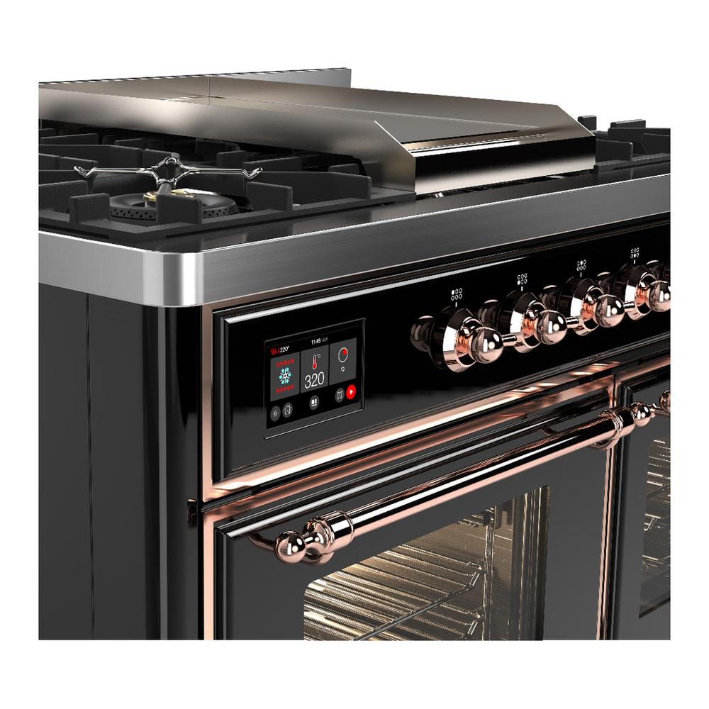 ILVE UMD40FNR3BKP Majestic III 40 inch Dual Fuel Range with 6 Burners and Griddle, Dual Function Burner up to 25,000 BTU (Natural Gas, Triple Glass Door, Glossy Black, Copper)