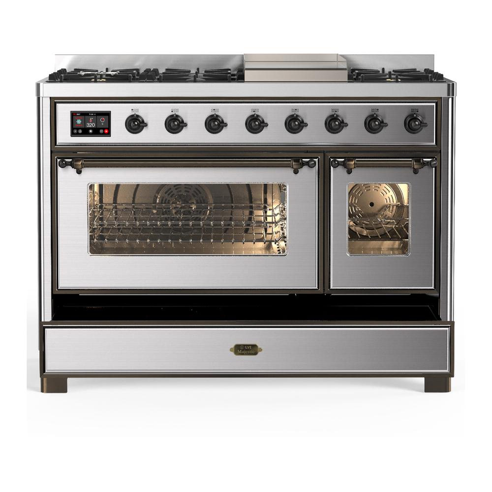 ILVE UM48FNR3SSBLP Majestic III 48 inch Dual Fuel Range with 8 Burners and Griddle, Dual Function Burner up to 25,000 BTU (Liquid Propane, Triple Glass Door, Stainless Steel, Burnished)