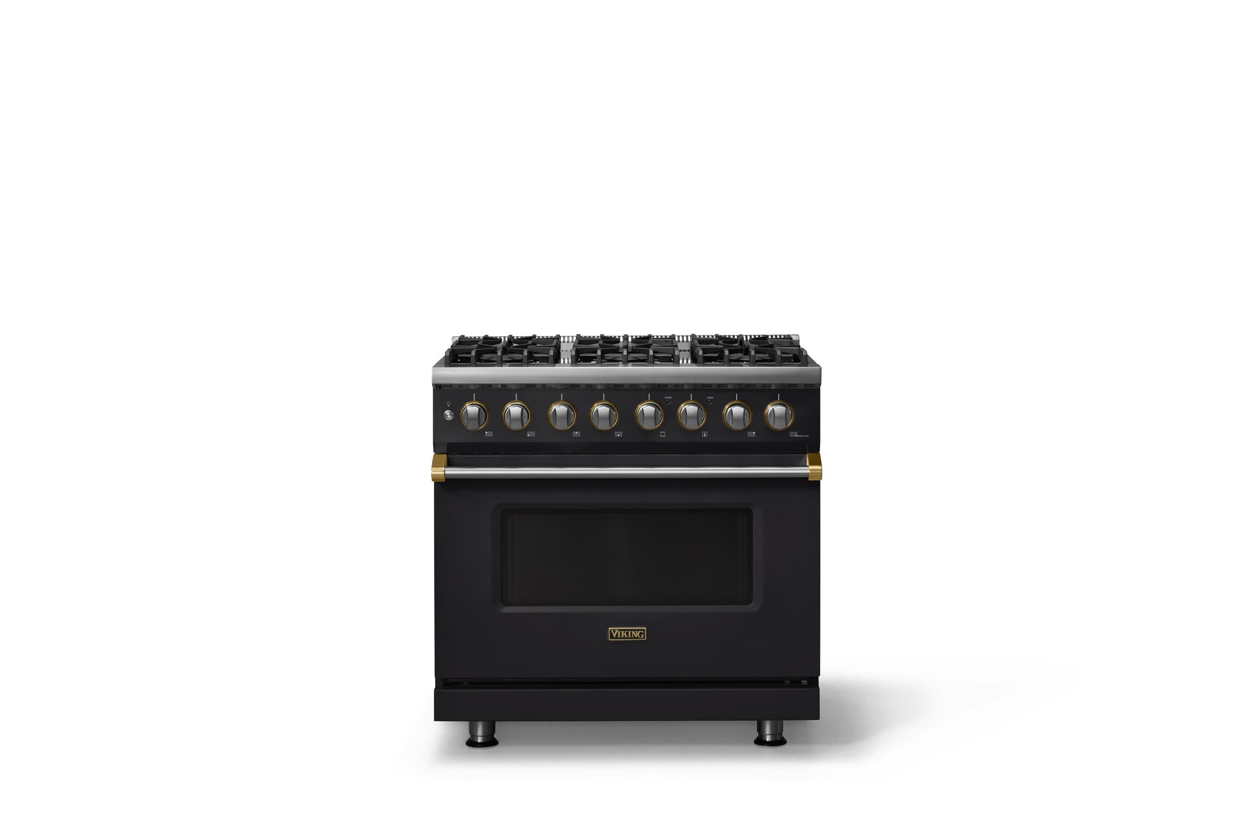 36"W. Dual Fuel Range (Burner: 6b, Finish: Onyx, Trim: Brushed Brass, Fuel: Propane)