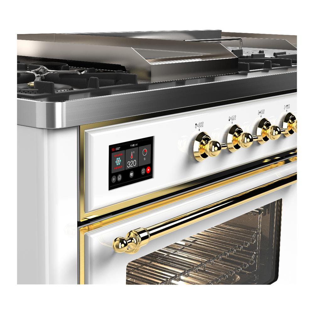 ILVE UM60FSNR3WHGLP Majestic III 60 inch Dual Fuel Range with 7 Burners, Griddle and French Top, Dual Function Burner with up to 25,000 BTU (Liquid Propane, Triple Glass Door, White, Brass)