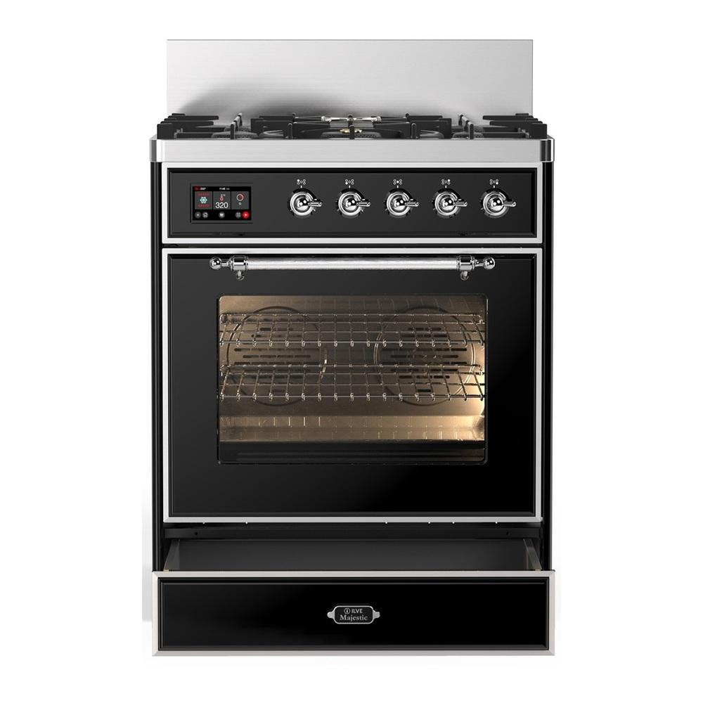 ILVE UM30NR3BKCLP Majestic III 30 inch Dual Fuel Range with 5 Black Brass Burners, Dual Function Burner up to 25,000 BTU (Liquid Propane, Triple Glass Door, Glossy Black, Chrome)