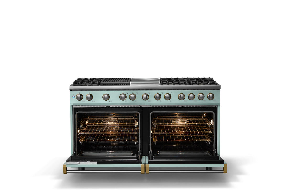 60"W.Dual Fuel Range (Finish: Splash, Trim: Brushed Brass, Fuel: Propane)