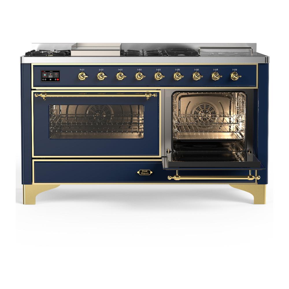 ILVE UM60FSNR3MBGLP Majestic III 60 inch Dual Fuel Range with 7 Burners, Griddle and French Top, Dual Function Burner with up to 25,000 BTU (Liquid Propane, Triple Glass Door, Midnight Blue, Brass)