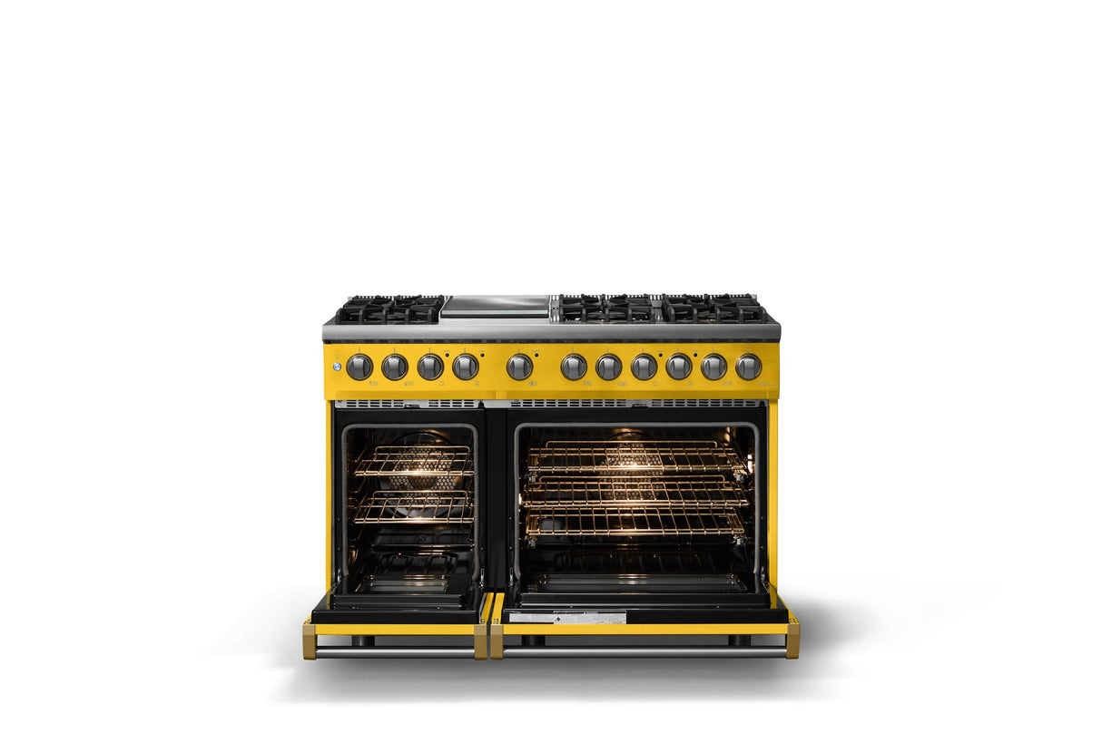 48"W. Dual Fuel Range (Burner: 6g, Finish: Daffodil, Trim: Brushed Brass, Fuel: Natural Gas)