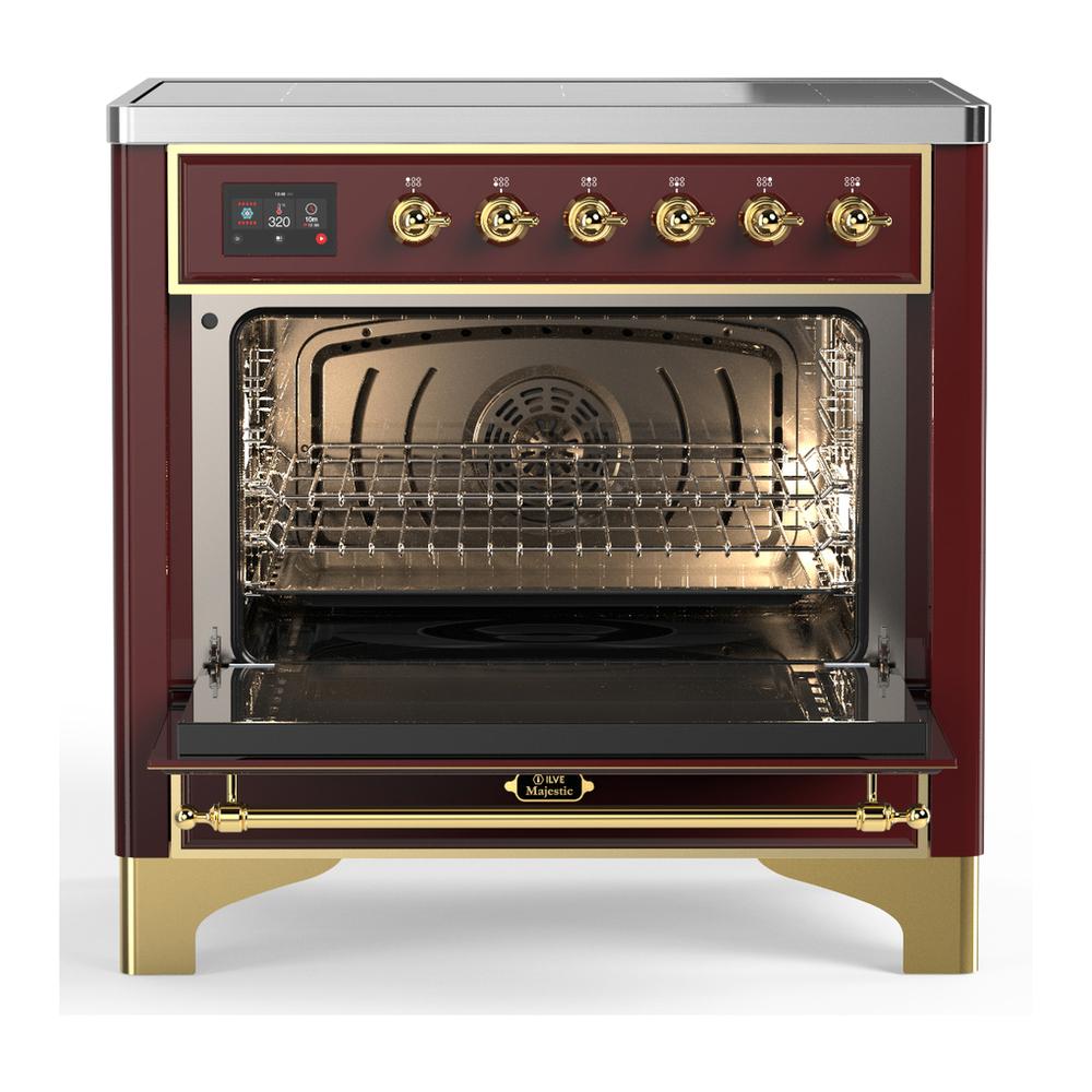 ILVE UMIB36NR3BUG Majestic III 36 inch Induction Range with 6 Elements, 3.5 cu. ft. Total Oven Capacity (Triple Glass Door, Burgundy, Brass)