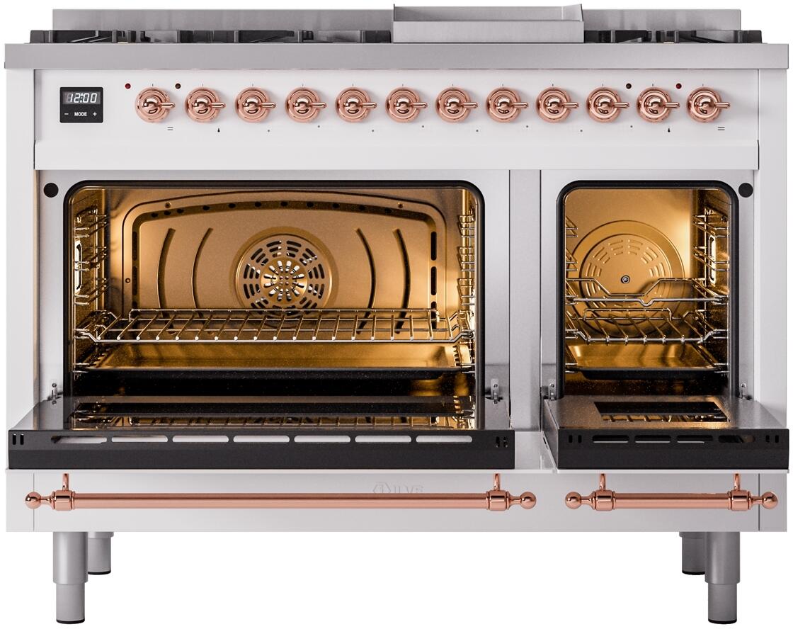 Nostalgie II 48 Inch Dual Fuel Liquid Propane Freestanding Range in White with Copper Trim
