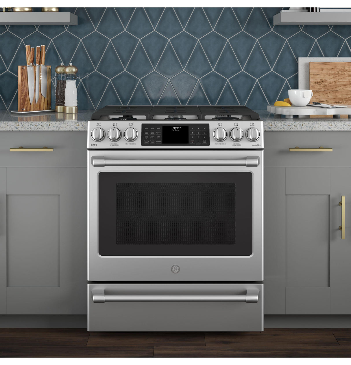 GE Cafe™ Series 30" Slide-In Front Control Dual-Fuel Range with Warming Drawer