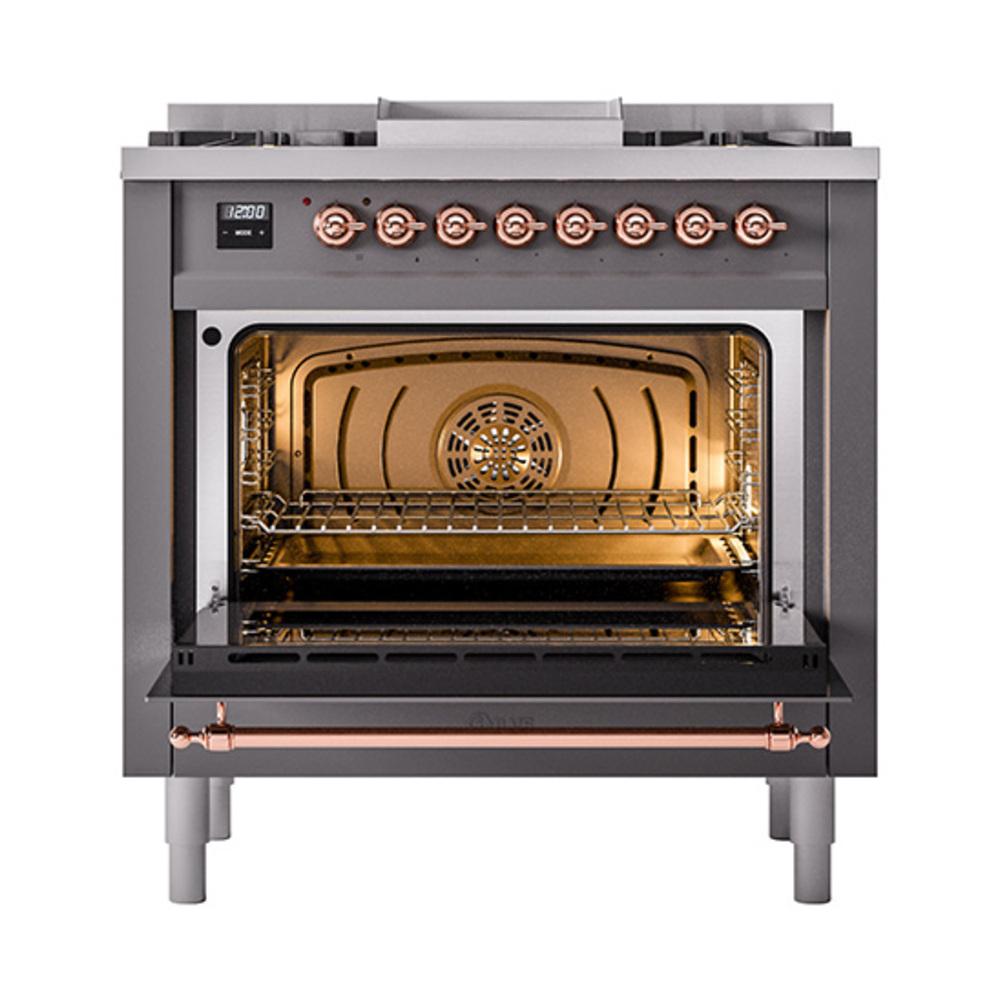 ILVE UN36FNMPMGPLP Nostalgie II Noblesse 36 inch Dual Fuel Range (Liquid Propane, Triple Glass Door, Graphite Matte, Copper)