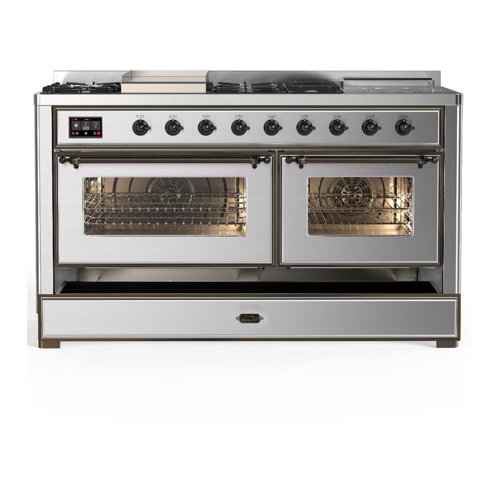 ILVE UM60FSNR3SSBLP Majestic III 60 inch Dual Fuel Range with 7 Burners, Griddle and French Top, Dual Function Burner with up to 25,000 BTU (Liquid Propane, Triple Glass Door, Stainless Steel, Burnished)