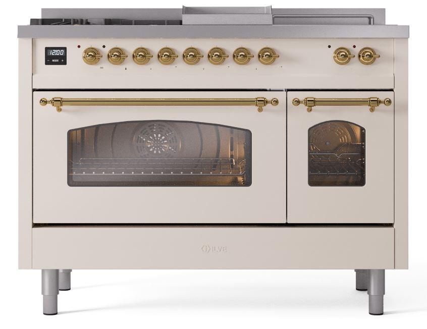 Nostalgie II 48 Inch Dual Fuel Natural Gas Freestanding Range in Antique White with Brass Trim