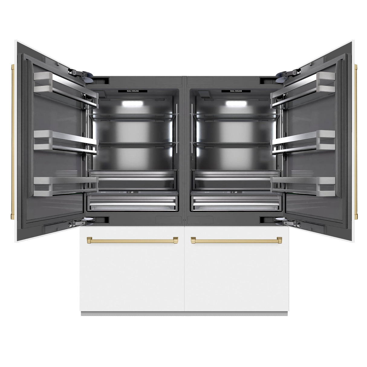 ZLINE Autograph Edition 72 in. 39.6 cu. ft. French Door Built-In Bottom Freezer Refrigerator with Water Dispensers and Ice Makers in White Matte with Graphite Gray Interior and Champagne Bronze Accents (GRBITZ-WM-72-CB)